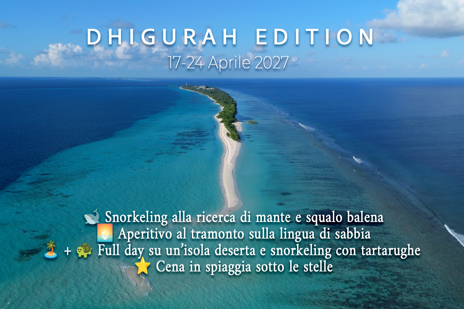 🐋 Snorkeling alla ricerca di mante e squalo balena
🌅 Aperitivo al tramonto sulla lingua di sabbia
🏝️ + 🐢 Full day su un’isola deserta e snorkeling con tartarughe
⭐️ Cena in spiaggia sotto le stelle